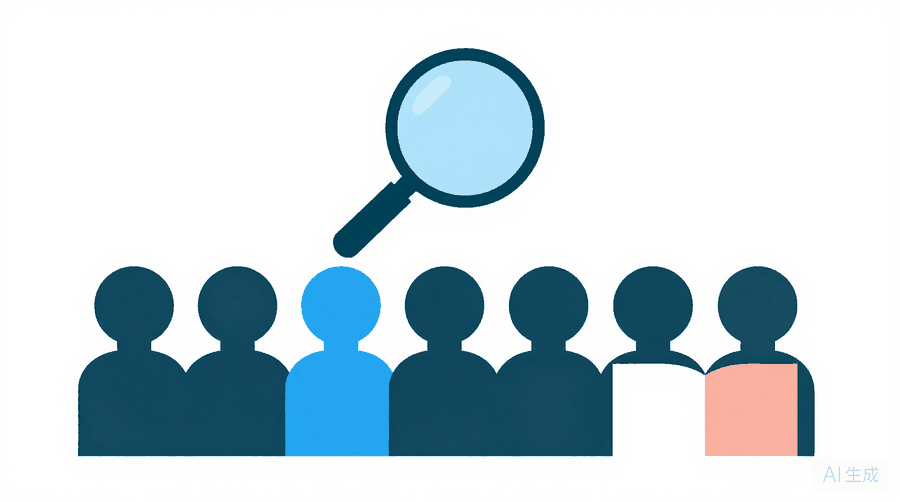 Illustration: a magnifying glass above a row of figures, one of them coloured blue
