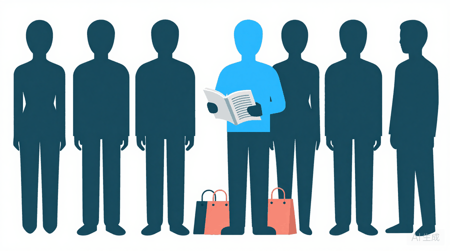 Illustration: a blue figure reading an open magazine in a line of figures, with shopping bags on the floor