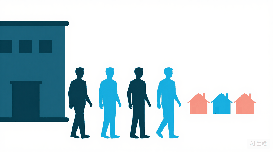 Illustration: four figures walking away from one large building toward three small houses
