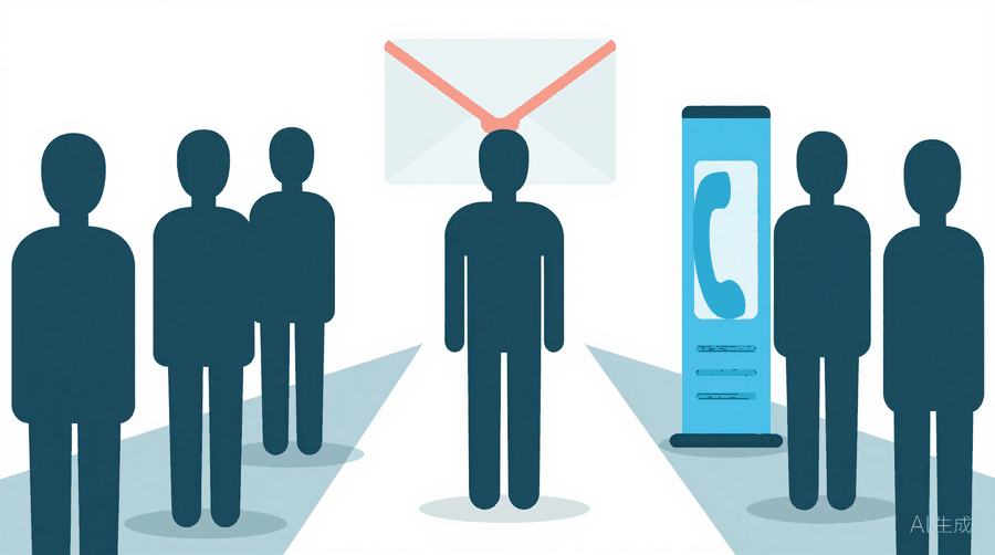 Illustration: a figure where a path splits in two, one branch leading to a large open envelope and the other to a phone