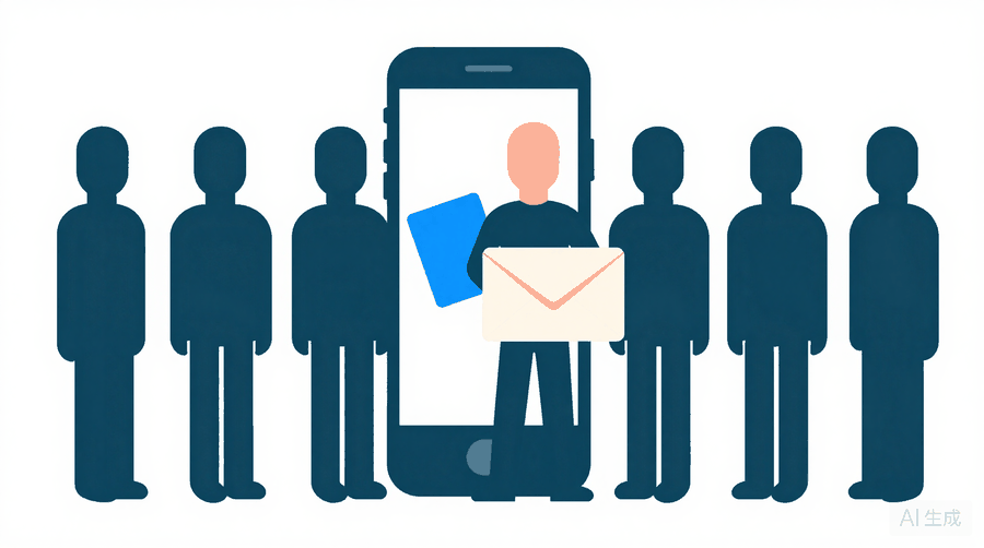 Illustration: a row of figures on either side of a tall phone, inside which one figure holds an open envelope