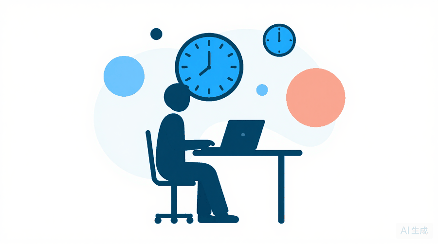Illustration: a figure typing on a laptop at a desk with a large clock on the wall behind