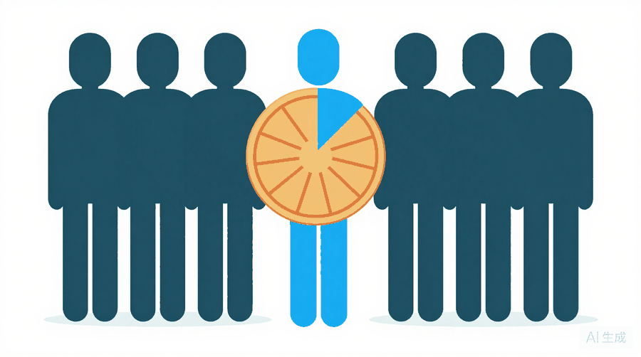 Illustration: a row of figures with one blue figure holding a large coin divided into slices, one slice coloured blue