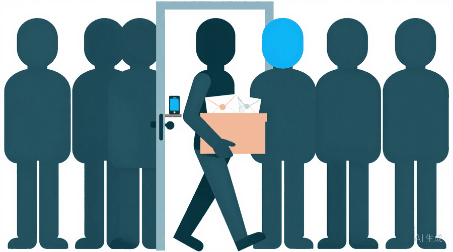 Illustration: a figure carrying a box of envelopes out through a doorway, past a line of other figures