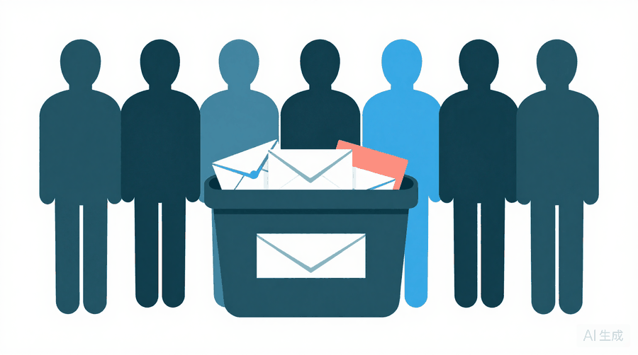 Illustration: a row of figures standing behind a letter tray full of envelopes