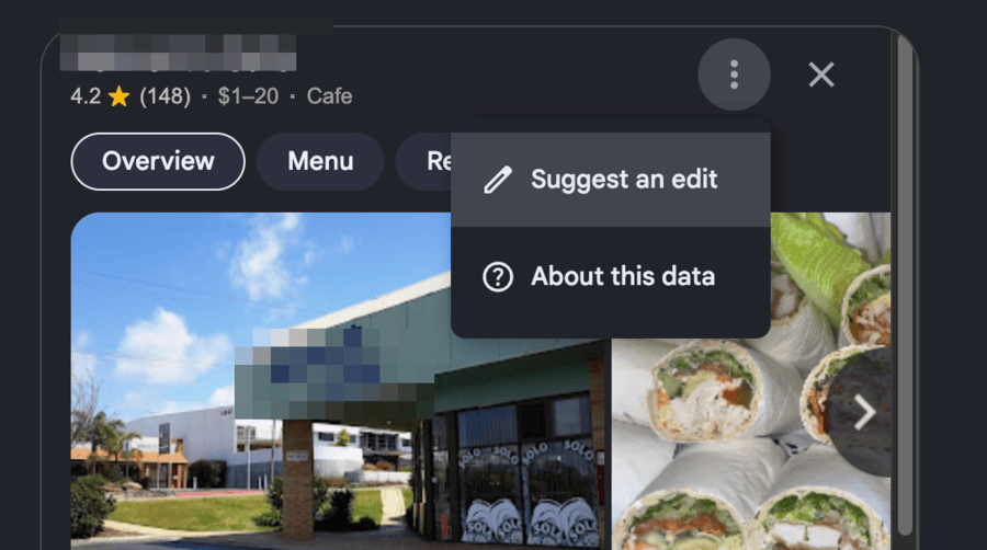 The Google Maps menu on a cafe listing, showing the Suggest an edit option any signed-in user can tap