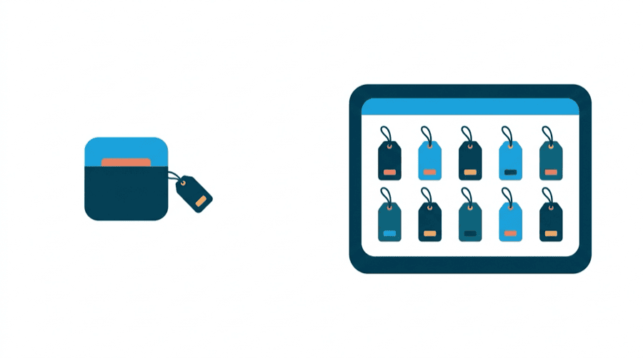 Illustration: a single tag attached to one card and ten tags on a profile board