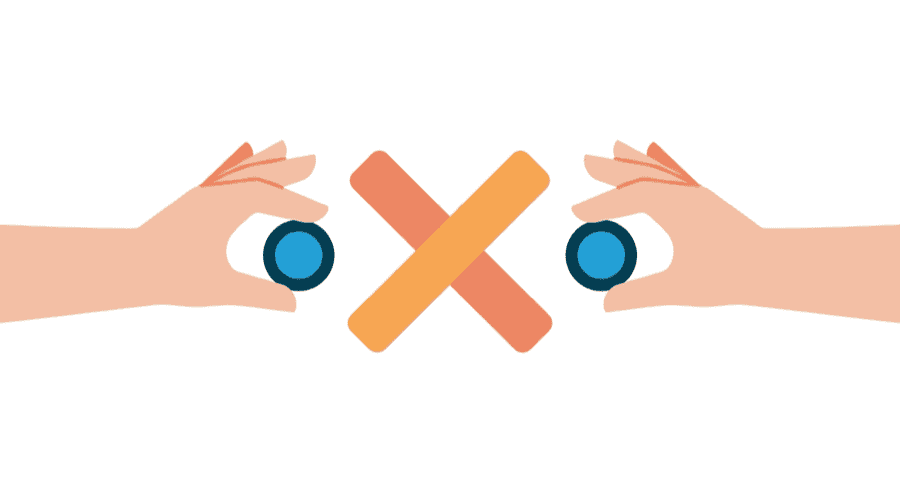 Illustration: two hands swapping identical tokens with a large cross over them
