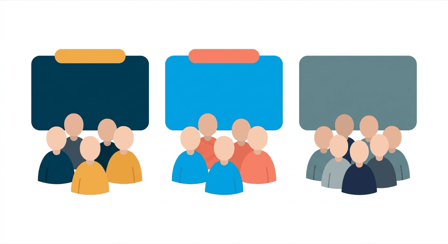 Illustration: a set of people gathered under distinct themed banners
