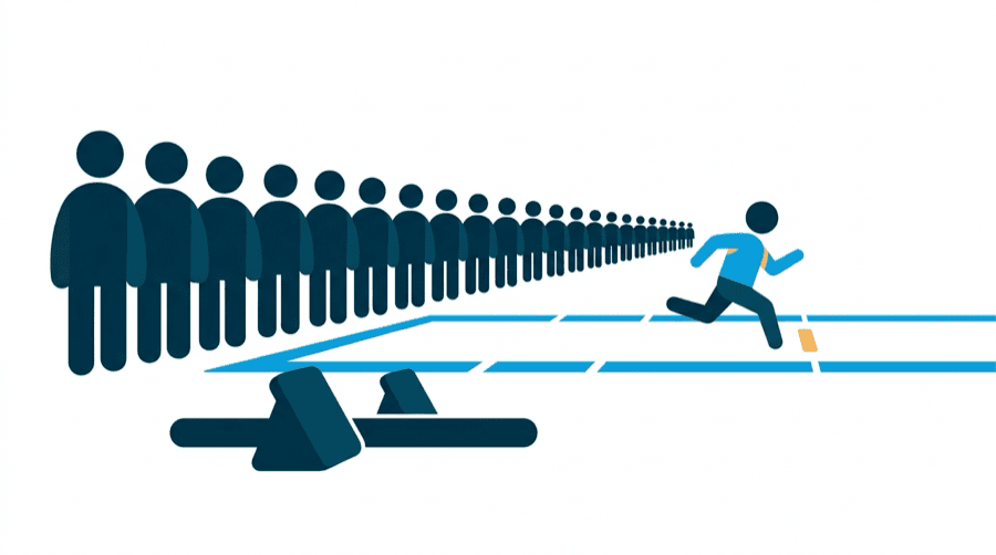 Illustration: an empty starting block with most runners never leaving it