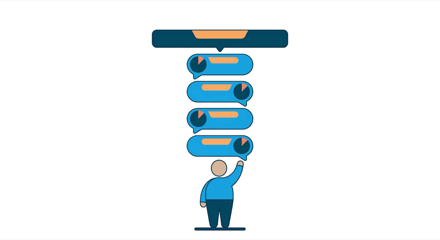 Illustration: a figure answering a row of speech bubbles beneath their own post