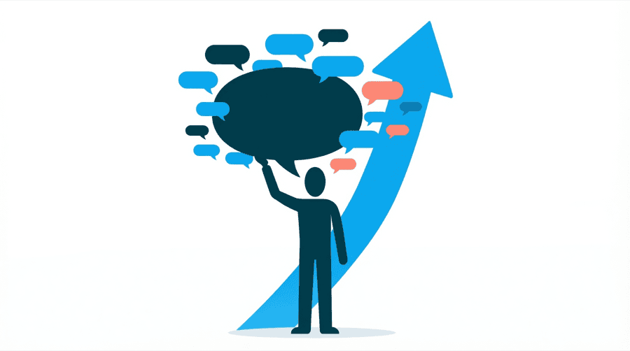 Illustration: a figure holds up a large speech bubble packed with small reply bubbles while a rising arrow climbs behind them