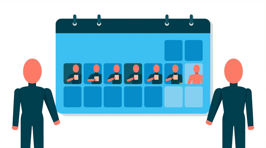 Illustration: a wall calendar showing one week, with five days carrying a small post card and two days left empty