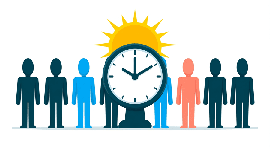 Illustration: a large clock face showing nine o'clock with a rising sun behind it and a phone propped in front of it