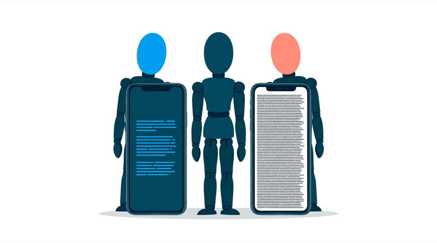 Illustration: two phone screens side by side, the left holding a short block of text and the right crammed with long text