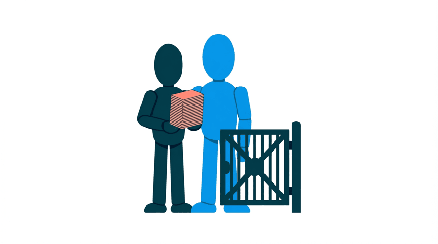 Illustration: a figure holds a stack of copied cards while a closed gate marked with a large cross blocks the path ahead