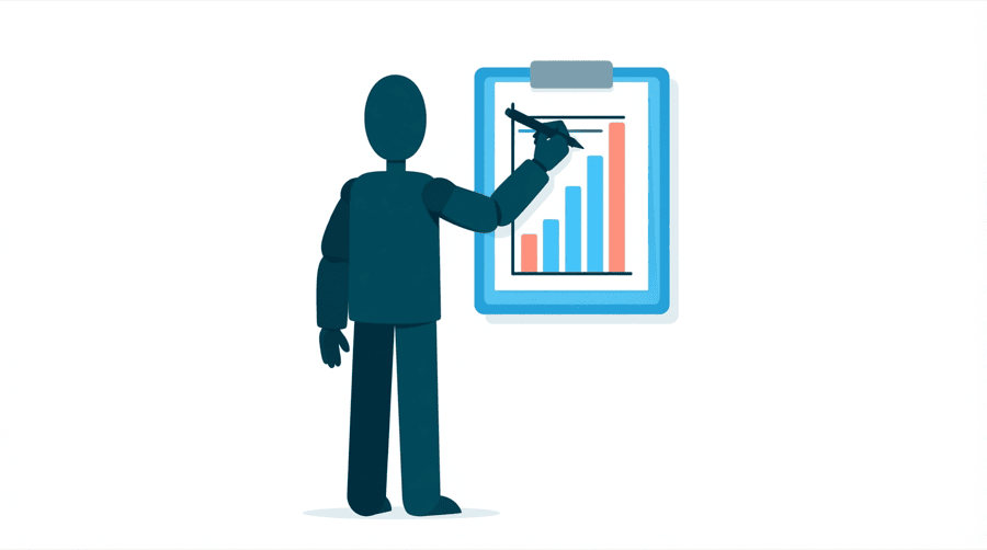 Illustration: a figure writes a fresh line of text across the top of a borrowed chart pinned to a board