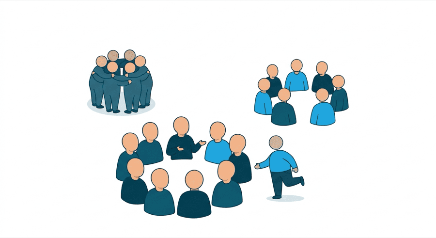 Illustration: one figure joining several existing conversation circles