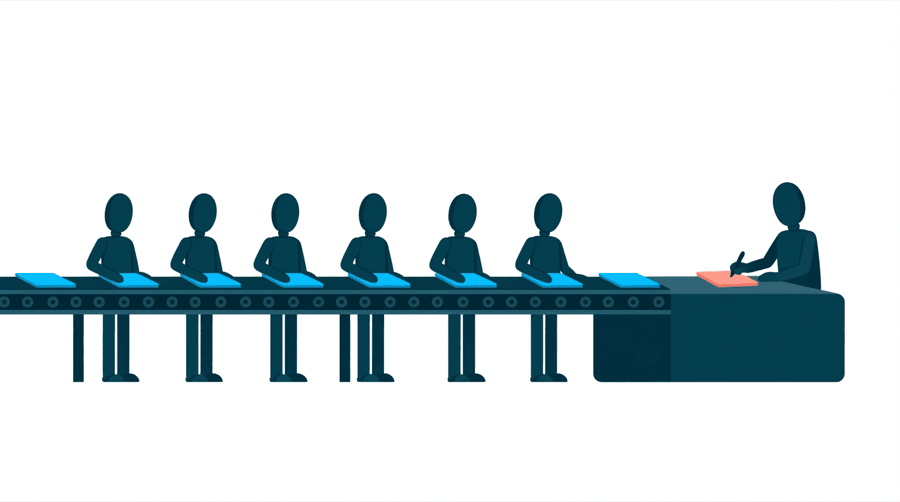Illustration: a conveyor belt carries identical copied cards while one figure beside it writes a single different card by hand