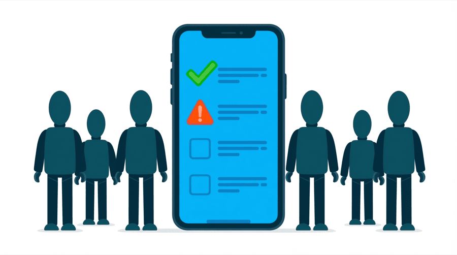 Illustration: a phone screen showing a settings list with a large green tick beside one row and an orange warning mark beside another