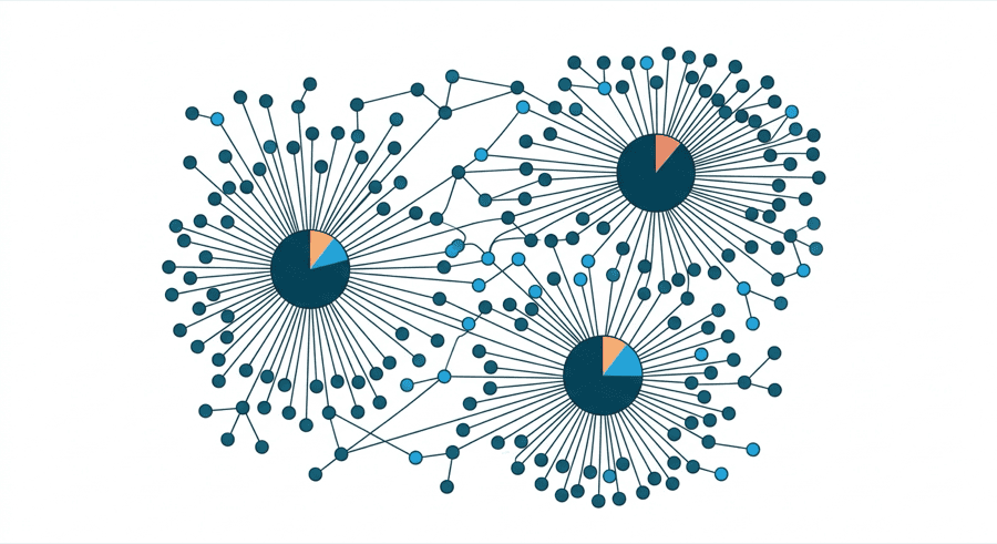 Illustration: a network of small nodes with a few larger connected hubs