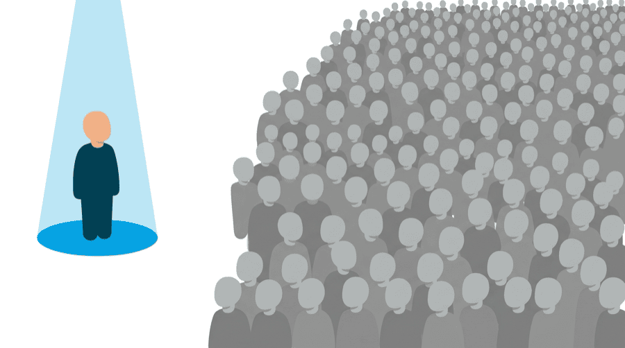 Illustration: a single portrait framed in a spotlight beside a faceless crowd