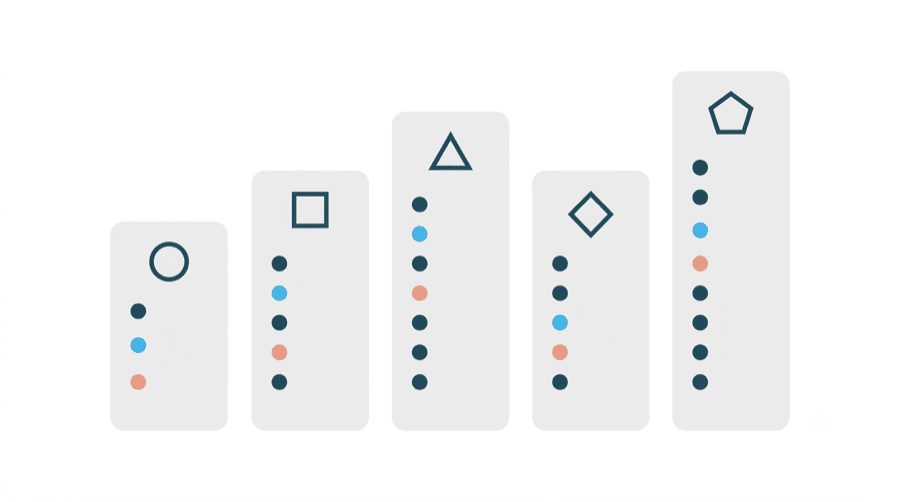 Illustration: five vertical cards of different heights, each topped with a different geometric symbol and marked with rows of coloured dots
