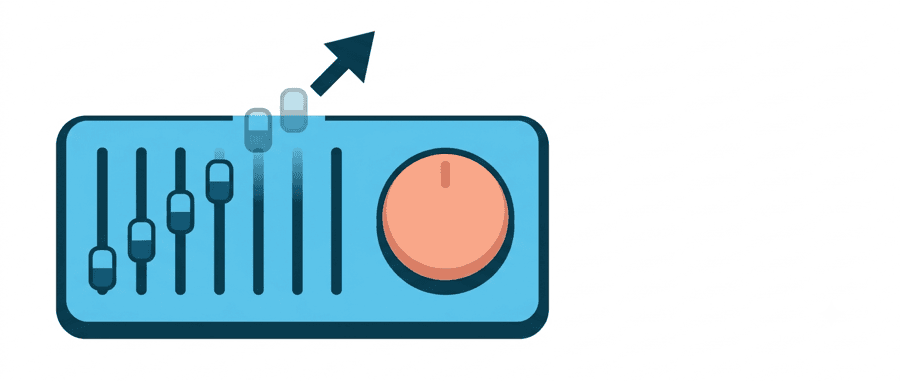 Illustration: a control panel where small manual sliders are lifted away by an arrow and replaced by one large round dial