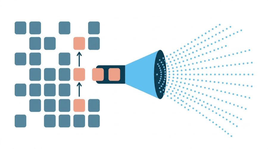 Illustration: a grid of small cards with three picked out and lifted into a wide cone that sprays dots outward across an open area