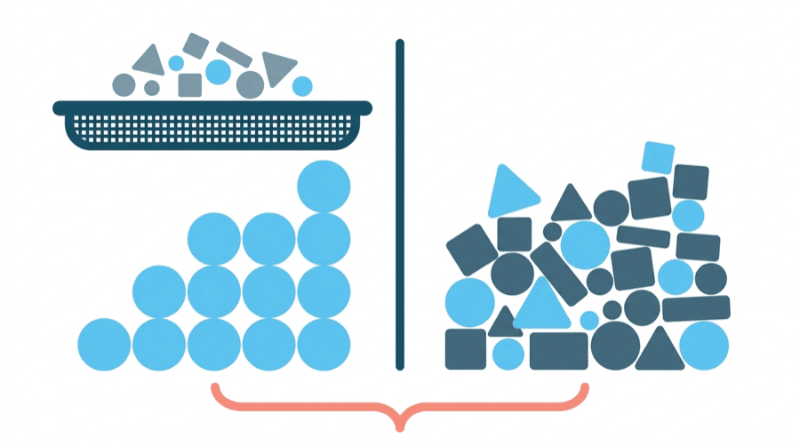 Illustration: two groups of shapes compared side by side, the left group pre-filtered by a sieve into uniform circles, the right an unfiltered jumble of mixed shapes
