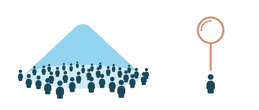 Illustration: a wide cone of light sweeping over a large crowd on the left, and a single figure standing under a magnifying lens on the right