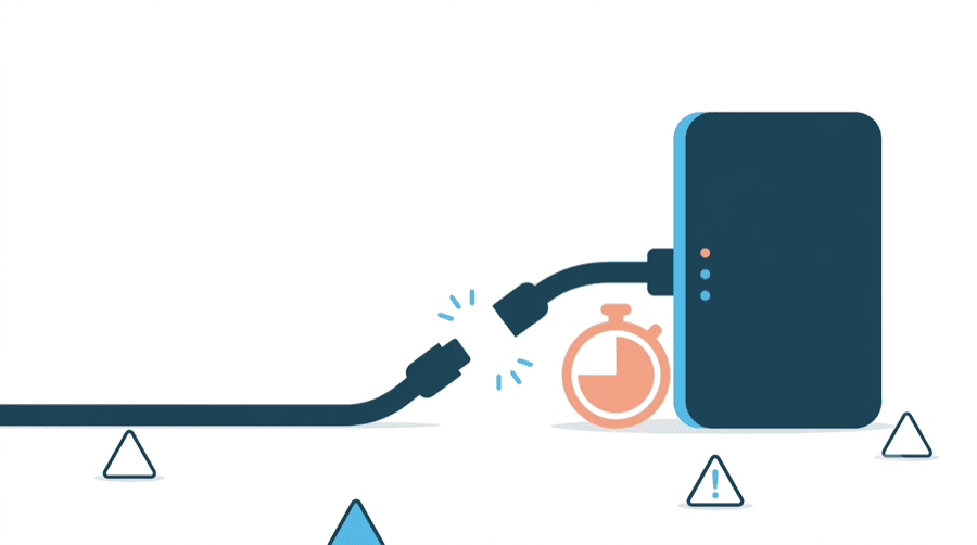 Illustration: a cable separated into two loose disconnected ends beside an elapsed timer and a card, with empty warning triangles scattered below