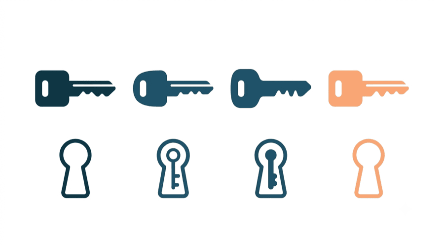 Illustration: four keys with different tooth patterns above four differently shaped keyholes, mostly not matching each other