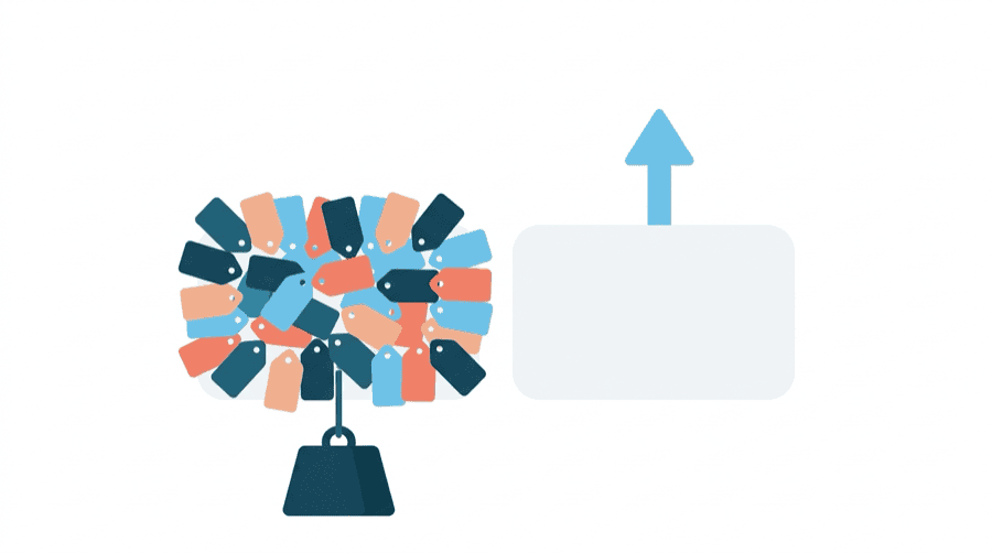 Illustration: a post card with several small tag labels stuck to it being pulled downward, next to a clean untagged card rising
