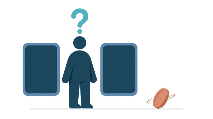 Illustration: a figure standing between two nearly identical cards with a large question mark above, and a coin spinning beside them