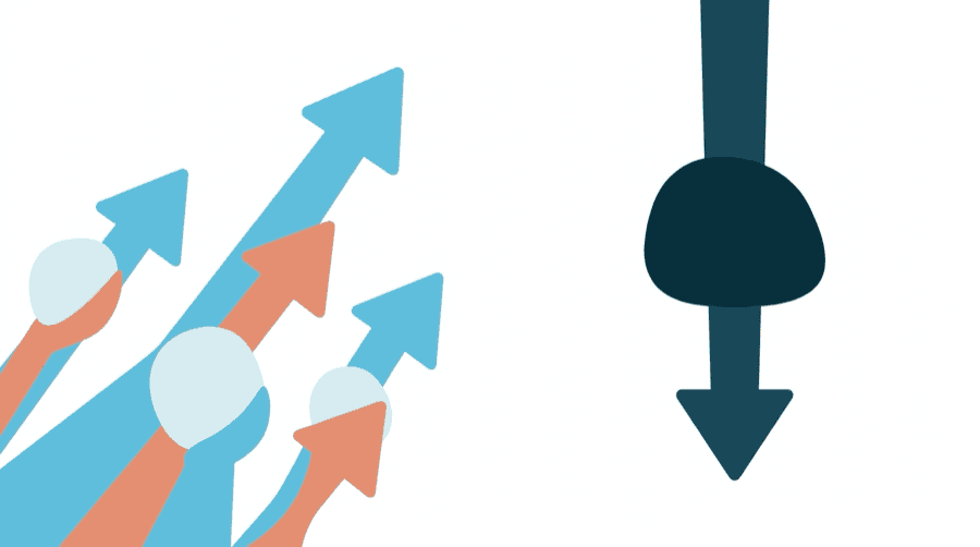 Illustration: three simple shapes rising fast on upward arrows beside one heavy shape sinking downward