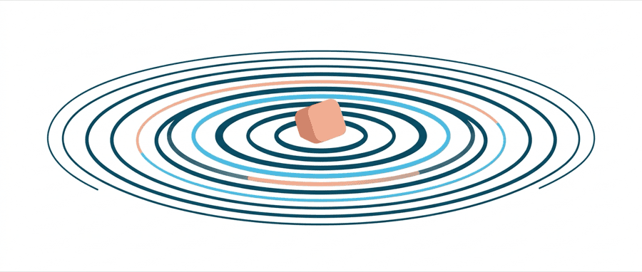 Illustration: a single bright word block dropped into a pool, sending a wide ring of ripples outward