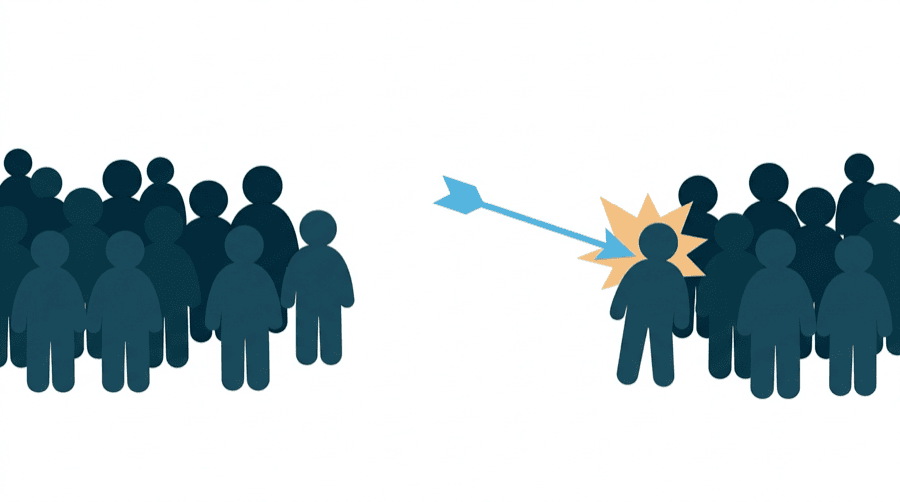 Illustration: two crowds of figures facing each other across a gap, with a single sharp arrow flying from one side into the other