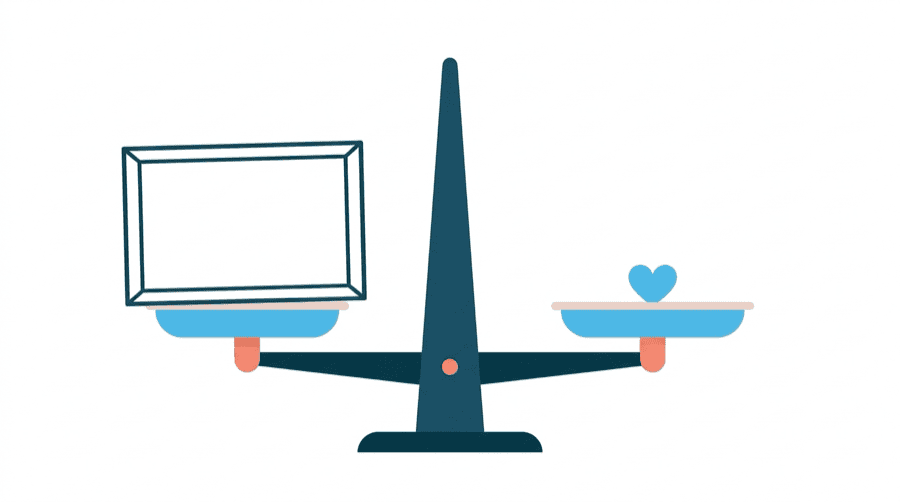 Illustration: a large picture frame on a set of scales weighing almost nothing against one tiny heart on the other side