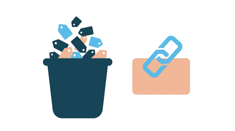 Illustration: a bin swallowing a pile of small tag symbols while a chain link is lifted back up onto a card