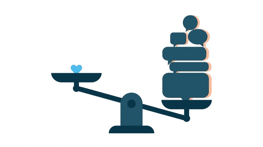 Illustration: a set of weighing scales with one small heart on one side and a much larger stack of speech bubbles on the other