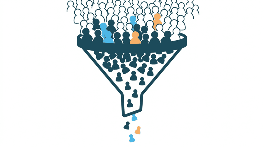 Illustration: a huge funnel with an enormous crowd pouring in at the top and only a handful of figures dropping out of the bottom