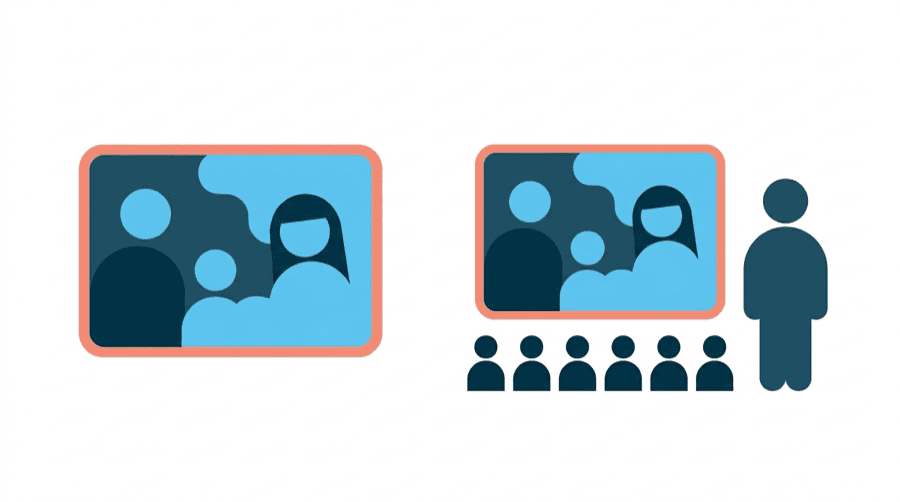 Illustration: one rounded post card with an identical copy of it appearing beside a second blank figure, facing a row of small follower figures