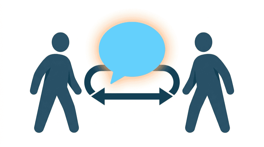 Illustration: two figures connected by a double headed arrow, with a bright glowing speech bubble between them