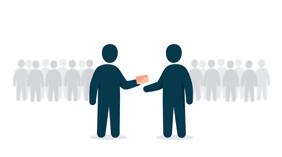Illustration: one figure handing a small card directly to a second figure, with a large empty crowd standing apart in the background