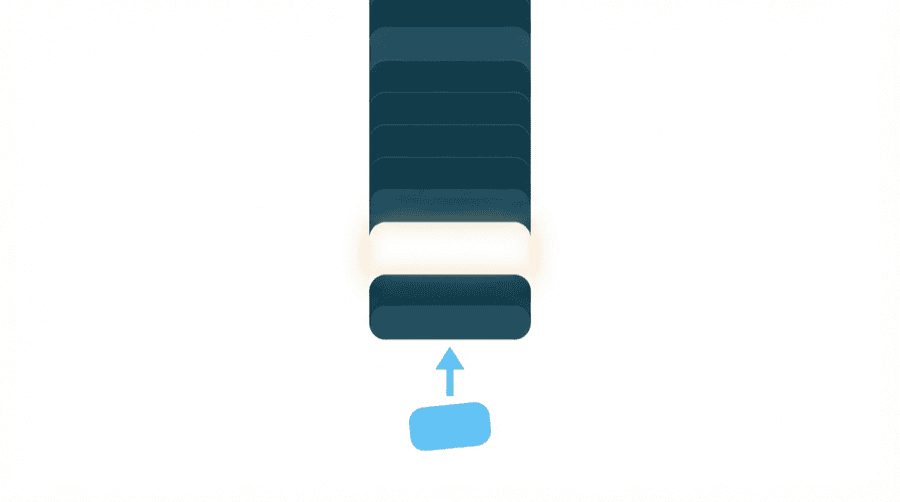 Illustration: a tall column of stacked feed cards with one small card lifted by an upward arrow into a highlighted empty slot partway down