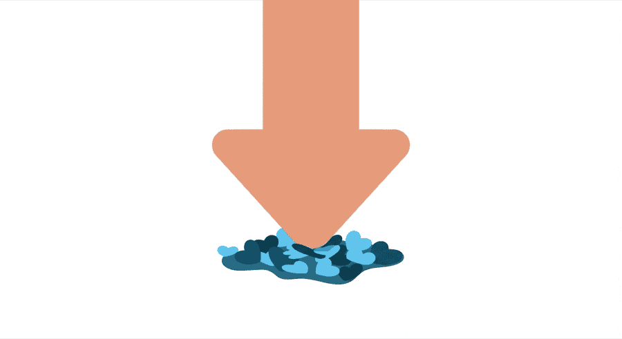 Illustration: a large red downward arrow crushing a small pile of tiny hearts beneath it