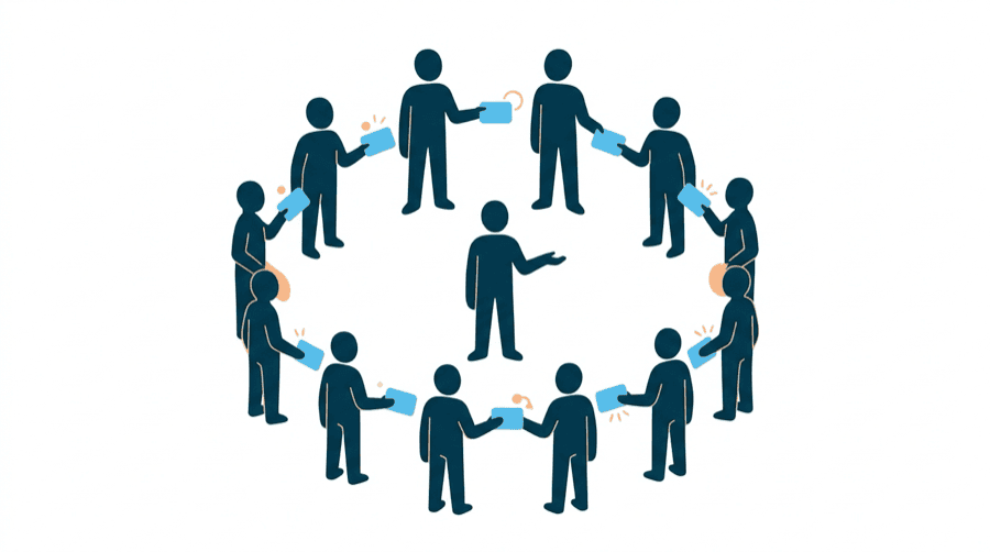 Illustration: one figure holding out an open hand toward a circle of other figures who are each passing a small card onward