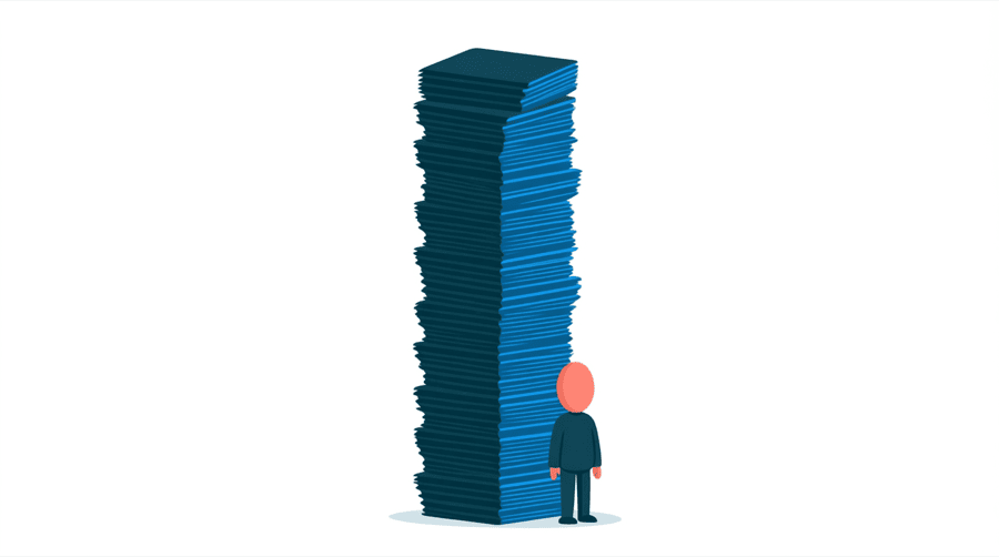 Illustration: a small figure standing at the base of a very tall stack of wide rectangular cards