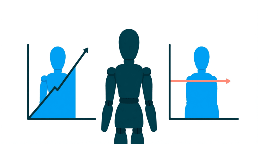 Illustration: a figure standing between two charts, the left one climbing steeply and the right one staying flat